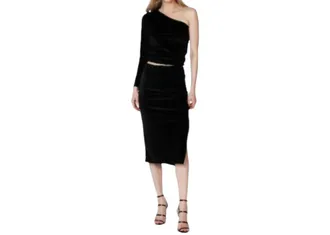 bobi Midi Shirred Velvet Skirt W/ Slit In Black