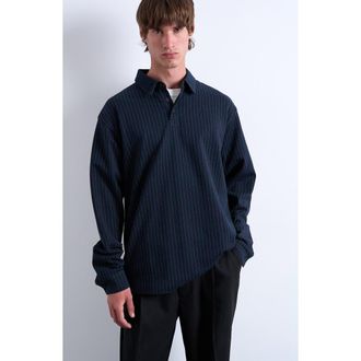 Topman Pinstripe Long Sleeve Polo in Navy at Nordstrom, Size Xx-Large