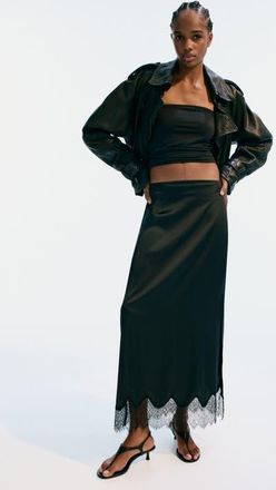 H&M Lace-trimmed Satin Skirt in Black at Nordstrom, Size 10