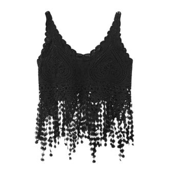 Generic Womens Summer V Neck Cami Hollow Out Crochet Crop Tank Tops Casual Blouse Shirts Heart Lace Long Tassels Camisole Black, One Size