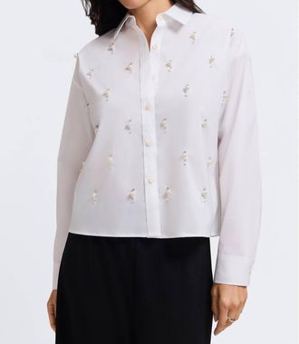 Foxcroft Marina Pearl & Rhinestone Appliqu&eacute; Long Sleeve Short Shirt In White