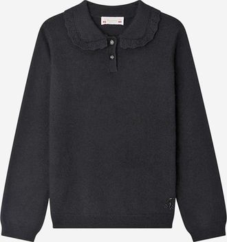 BONPOINT Girls Wool Jumper With Ruffled Collar Black Sweater