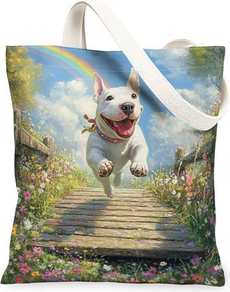 Generic Spring Bull Terrier Dog Canvas Tote Bag for Shopping 13x15, Country Garden Puppy Reusable Grocery Print Pattern Bag for Women, Fun Flower Pet Beach Ae