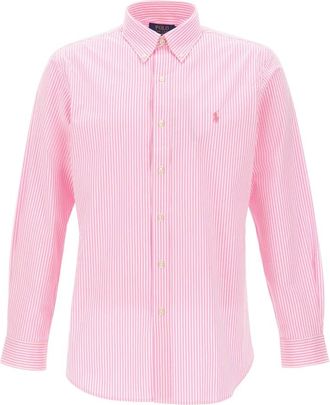 Polo Ralph Lauren Overhemden, Heren, Roze, M, Katoen, Custom Fit Gestreepte Poplin Overhemd