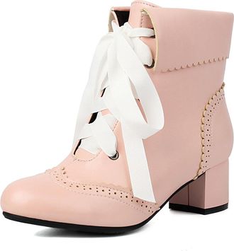 Generic Womens Lace Up Vintage Brogues Mid Block Heel Short Boots Round Toe PU Leather Ankle Boots,Pink,4.5 UK