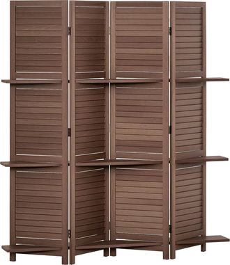 HOMCOM Homcom Biombo Plegable De 4 Paneles De Madera, 162x170 Cm, Biombo Separador De Ambientes Con 3 Estantes, Dise&ntilde;o De Persianas, Nogal