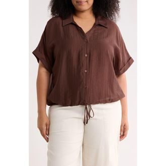Adrianna Papell Short Sleeve Tie Front Button-Up Shirt in Chickory Coffee at Nordstrom Rack, Size 1X