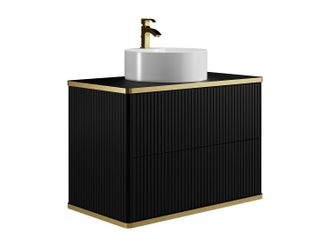 Vente-Unique Mueble de ba&ntilde;o suspendido estriado con ribete dorado y lavabo redondo - Negro - 80 cm - KELIZA