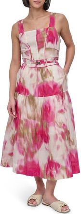 DKNY Square Neck Belted Floral Print Dress in May Watercolor at Nordstrom, Size 00