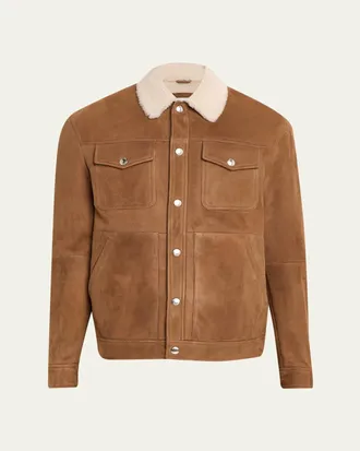 Brunello Cucinelli Mens Shearling-Collar Suede Snap Front Jacket