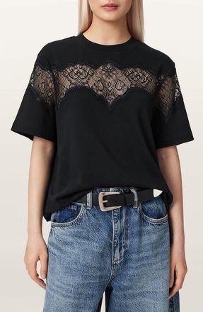 AllSaints Lisa Lace Panel T-Shirt in Black at Nordstrom, Size X-Small