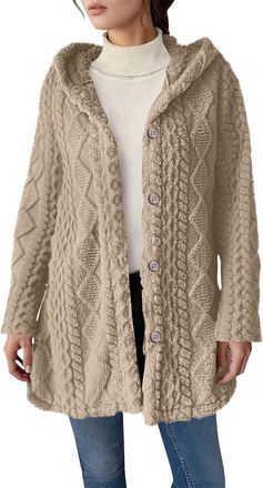 Generic Fleece Jacket Women Flannel Hooded Long Sleeve Cardigans Plain Jacquard Fluffy Jacket Ladies Fuzzy Teddy Bear Coat Button Down Autumn Winter Outerwear