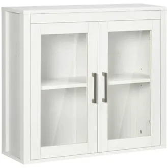Kleankin Armario De Ba&ntilde;o Suspendido Con Puertas De Cristal Y Estante Regulable, Mueble Moderno De Pared, 60 X 19,5 X 54 Cm, Blanco