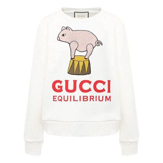Gucci (WMNS) Gucci SS21 Piggy Cartoon Printing Pattern Pure Cotton Round Neck White Hoodie 623450-XJCRW-9095
