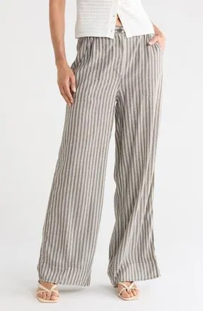 Max Studio Stripe High Waist Wide Leg Linen Blend Pants in Olive Carrier Stripe at Nordstrom Rack, Size X-Small
