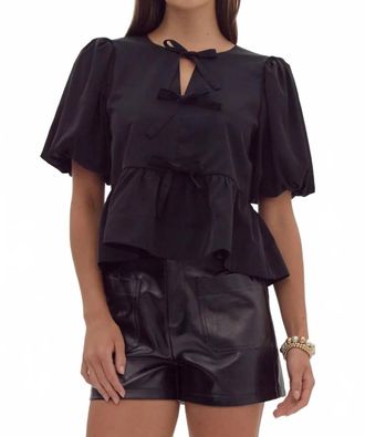 Entro Womens Short Puff Sleeve Peplum Bow Top In Black