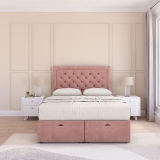 Sloomy Montana Plush Fabric Ottoman Bed End Opening With Sprung Memory Mattress & 26 Inch Headboard in Pink | Size: Small Single