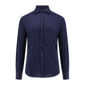 Brunello Cucinelli Overhemd van zijde- en katoenmix - Heren - Overhemden - Blauw - Maat: S Katoen