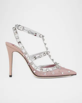 Valentino Garavani 100mm Rockstud Mixed Leather and Mesh Ankle-Strap Pumps