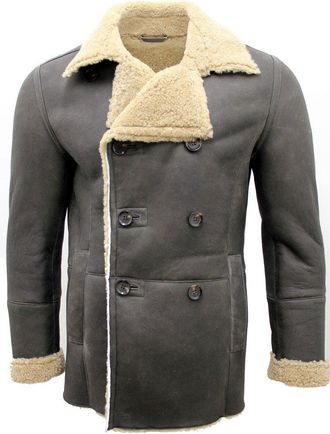 Infinity Mens Black Double Breasted Real Sheepskin Pea Coat 3XL