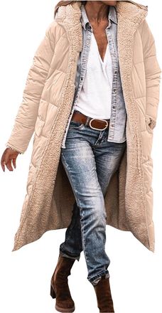 Generic womens fleece jacket Fleece Jacket Women Long-Lenght Velvet Lined Winter Warm Trench Coats Waterproof Fur Hood Outdoor with Pockets Gray M