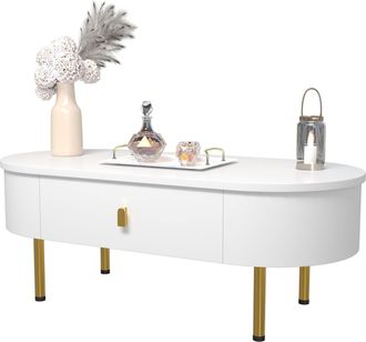 STILVORA Mesa De Centro Con 2 Cajones, Tiradores Y Patas Doradas, Esquinas Redondeadas, Moderna, En Mdf, Blanco, 108&times;50&times;40 Cm