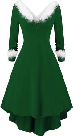 Generic Christmas Party Dresses for Women Plush V Neck Xmas Dress Long Sleeve A-Line Cocktail Party Swing Dress Irregular Hem Santa Claus Costume High Waist V