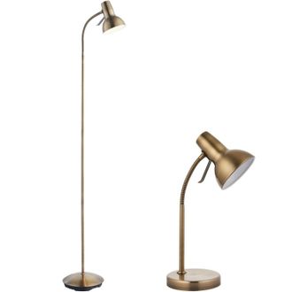 Loops Standing Floor & Table Lamp Set Antique Brass Adjustable Neck Living Room Light in Metallics