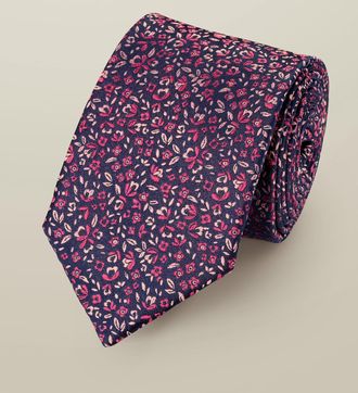 CHARLES TYRWHITT Silk Floral Tie - Navy & Bright Pink Size OSFA by Charles Tyrwhitt