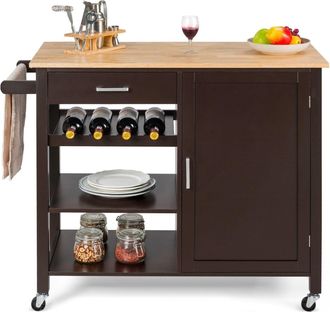 Costway Kitchen Island Storage Trolley Rolling Cart Shelves Cupboard Cabinet w/ Wine Rack