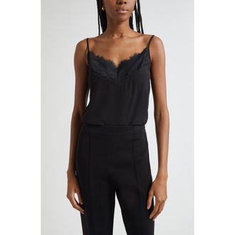St. John Lace Trim Silk Crepe Camisole in Black at Nordstrom, Size Large