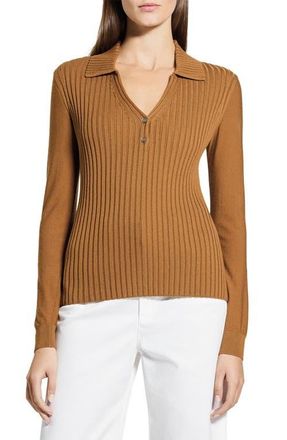 Theory Merino Wool Knit Shirt in Dark Cognac at Nordstrom, Size Petite