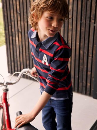 Vertbaudet Gestreiftes Jungen-Poloshirt, Lageneffekt rot gestreift