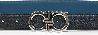 Ferragamo Mens Belt Gancini Black-Titanium Blue Calf Leather
