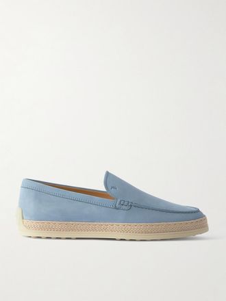 Tod's Mocassini In Nubuck Con Finiture In Rafia Gomma - Blu