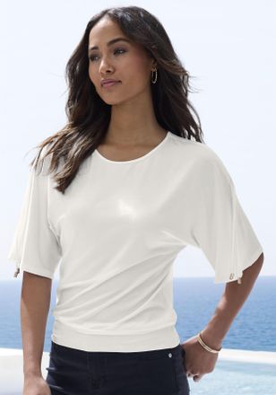 Lascana Rundhalsshirt LASCANA mit variabler &Auml;rmell&auml;nge, Damen, Gr. 32/34, beige (creme), Single Jersey, Obermaterial: 95% Viskose (LENZING ECOVERO), 5% Elasth
