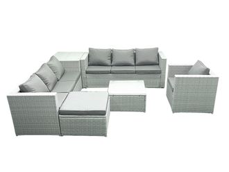 Fimous Wicker PE Rattan Sofa Garden Furniture Set with Armchair Square Coffee Table Big Footstool Side Table Light Grey Mixed