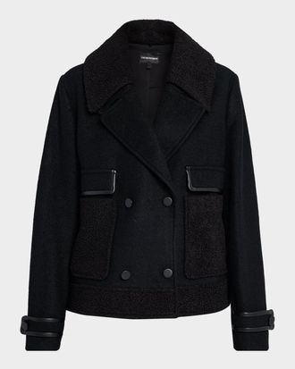 Emporio Armani Double-Breasted Peacoat with Faux Leather Trim