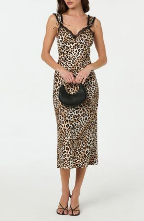 ASTR the Label Lace Trim Satin Slipdress in Leopard Print at Nordstrom, Size X-Large