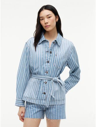 Tommy Hilfiger Womens Railroad Stripe Belted Denim Jacket - Medium Wash - XXL