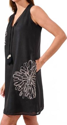 Tribal Embroidered V-Neck Sleeveless Dress With Tassel Accents In Black