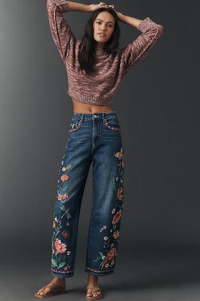 Free People Cotton Davina Embroidered High-Rise Barrel Jeans