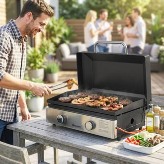 OUTSUNNY 2 Burner Grill Griddle, Tabletop Gas BBQ with Grease Cup, Black