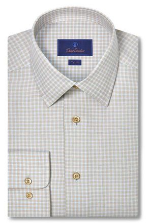 David Donahue Trim Fit Check Cotton & Cashmere Dobby Dress Shirt in Dune at Nordstrom, Size 15.5 - 34