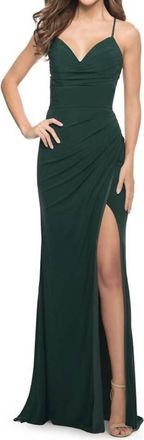 La Femme Ruched Spaghetti Strap Gown In Emerald