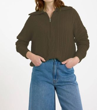Brodie Mixed Cable Half Zip Sweater In Olive