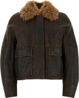 Brunello Cucinelli Shearling Aviator Jacket With Monili - Dames - Bomber jackets - Bruin - XS - Polyester - Jassen