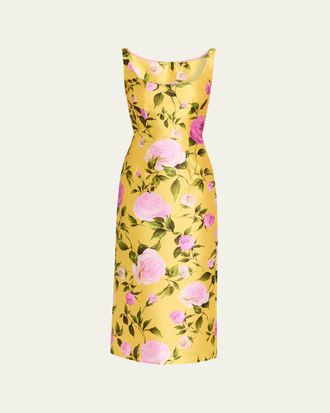 Naeem Khan Scoop-Neck Rose Satin Midi Dress