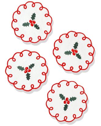 Tiramisu Set Of 4 Holly Berry Charm Embroidered Cocktail Napkins