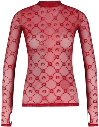 Marine Serre Womens Flock Monogram Mesh Blouse Red Synthetic
